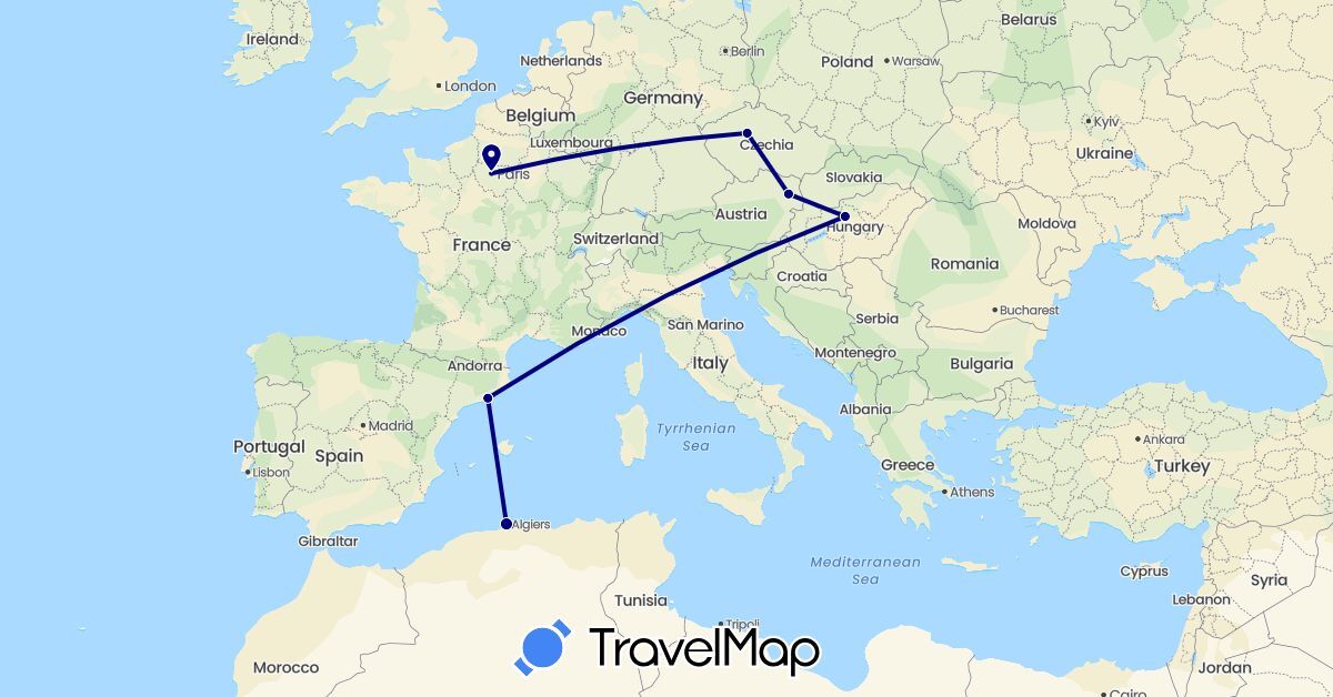 TravelMap itinerary: driving in Austria, Czech Republic, Algeria, Spain, France, Hungary (Africa, Europe)